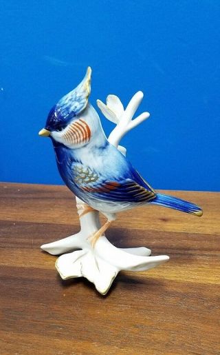 Karl Ens Figurine Porcelain Blue Bird Gold Accent Bluejay 5 "
