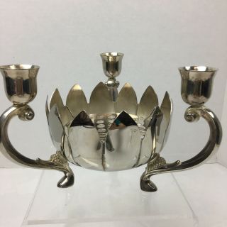 Vintage Leonard Silver Plated Candle Holder With Lotus (frog) For 3 Candles