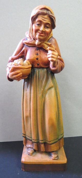 Vintage Anri Italian Painted Wood Carved Figurine Elderly Woman W/ Bowl Fruit 8 "
