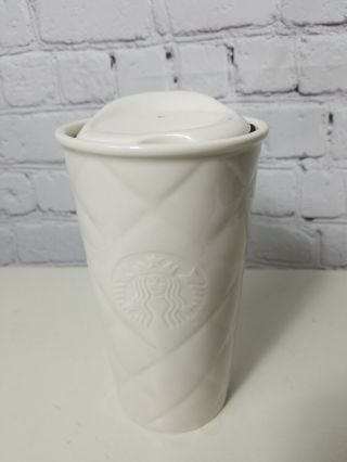 2012 Starbucks White Quilted Ceramic Traveler Tumbler Cup With Lid 10 Oz.