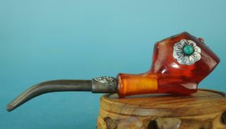 Old China Hand - Made Honeystone Tibet Silver Inlay Gem Antique Tobacco Pipe Bb02d