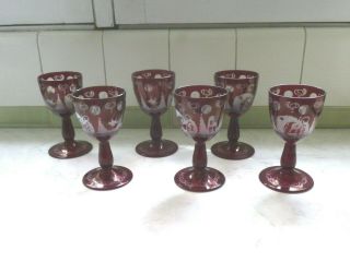 Set Of 6 Antique Cordial Glasses - Bohemian Cranberry Crystal - Czech