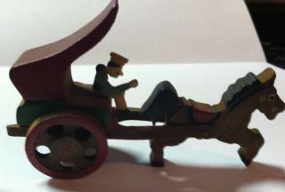MINIATURE WOODEN HORSE & BUGGY FIGURINES TOYS MARKED 