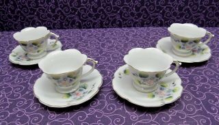 Vintage Demitasse Porcelain Flower Tea Cups & Saucers Pink & Blue Flowers Japan