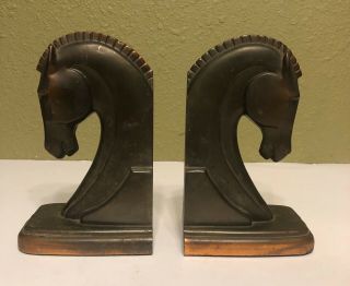 Vintage Pair Brass Trophy Craft Trojan Horse Head Bookends 7.  25 " H.  3 Lb.  Usa