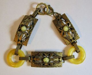 Antique Art Deco Brass & Czech Glass Faux Amber & Star Sapphire Bracelet