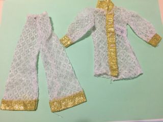 Vintage Barbie Clone Shillman Mod Pantsuit White Lace Gold Metallic Trim