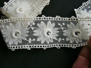 Antique Raised White Work Embroidered Schiffli Tulle Lace Trim Bobbles
