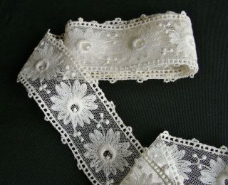 Antique Raised White Work Embroidered Schiffli Tulle Lace Trim Bobbles 2