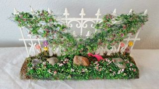 Vtg Judy Travis York 1:12 Dollhouse Miniature Garden Fence Flowers Flamingo