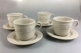 Longaberger Woven Traditions Pottery Ivory Set Of 4 Cups & Saucers Made In Usa