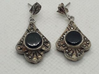 Large Antique Art Deco Solid Silver Hematite Or Onyx And Marcasites Earrings