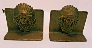Cast Iron Indian Chief Head Bookends Brass Finish Vintage