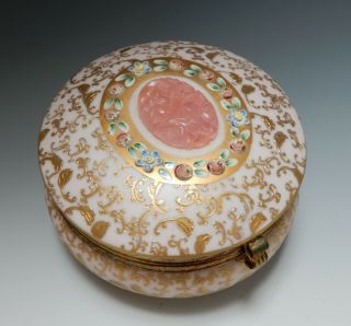 Pretty Antique Pink & Gold Porcelain Trinket Box W Floral Application Pink Glass