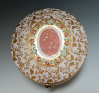 Pretty Antique Pink & Gold Porcelain Trinket Box w Floral Application Pink Glass 2
