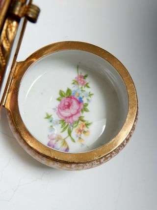 Pretty Antique Pink & Gold Porcelain Trinket Box w Floral Application Pink Glass 3
