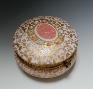 Pretty Antique Pink & Gold Porcelain Trinket Box w Floral Application Pink Glass 5