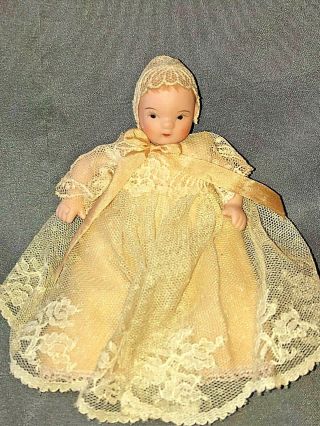 Vintage Miniature Porcelain Bisque Jointed Baby Doll In Lace Gown & Cap