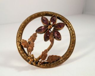 Vintage/antique Purple Marquise Rhinestone Flower Repousse Brass Circle Brooch