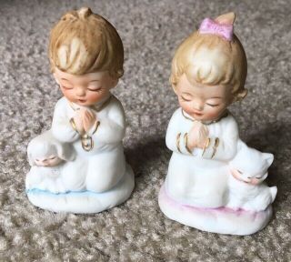 Vintage Porcelain Brother & Sister Praying Figurines With Pet Made In Japan Cute
