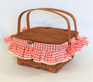 Longaberger Large Picnic Pie Basket With Lid Red Gingham Liner Leather Hing 1992