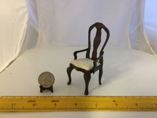 1/12 Scale One Wooden Arm Chair With Winter White Brocade Padded Seat