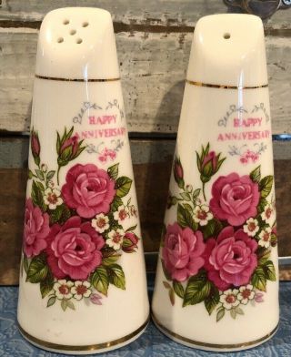 Happy Anniversary Salt And Pepper Shakers Fine Bone China Made In England Flora