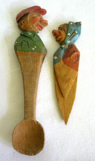 Vintage Anri? Hand Carved & Painted Wood Man Spoon & Lady Page Clip