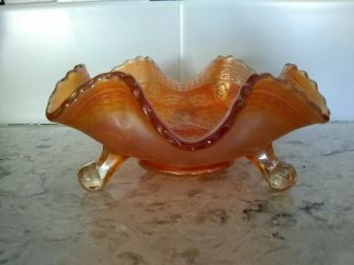 Fenton? Two Flowers Amber Antique Carnival Art Glass Footed 6 Ruffle Sauce Bowl
