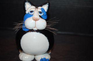 Cat Gourd Figure Vicki Thomas Signed Enesco 2000 Chubby Cat Black And Blue