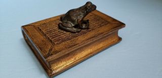 Maitland Smith Hand Tooled Leather Book With Small Bronze Frog Paperweight