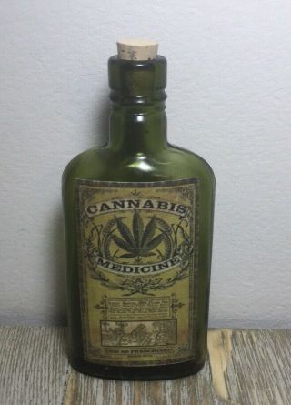 Antique Small Green Bottle With Handcrafted Cannabis Medicine Label