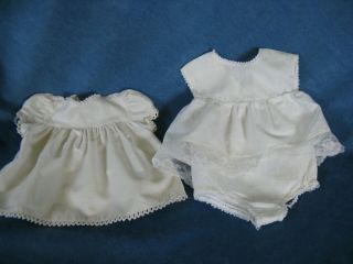 2 Tagged,  1962 Mattel Chatty Cathy Baby Doll Clothes.  White Dress & Romper,  Vtg.