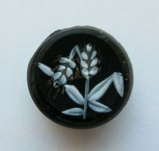 Lovely Antique Vtg Victorian Black Glass Button White Enamel Wheat Design (o)