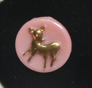 Antique Vtg Button Pink Glass W Tiny Gold Deer 7/16 A4