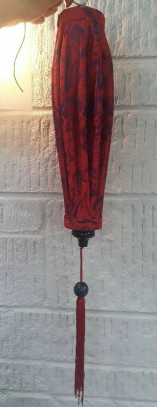 Chinese Vintage Red/ Purple Silk? Ornamental Lantern.  Dark Wood.  Length 68cm