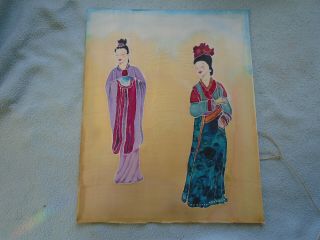 Vintage Chinese Painting On Silk Two Ladies In Bright Colourful Robes