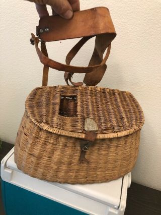 Vintage Fishing Creel With Unusual Latch Wicker With Leather Shoulder Strap