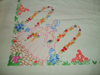 Vintage Linen Hand Embroidered Crinoline Lady Design Table Cloth 47 " X 44 "