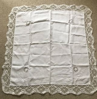 Pretty Vintage White Cotton And Lace Tablecloth
