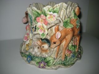 FITZ AND FLOYD Classics Woodland Spring Pot Vase Easter Decorations Deer Bunnies 6