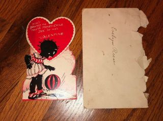 Vintage Antique Black Americana Valentine Standing Card Girl Ball 5” W Envelope