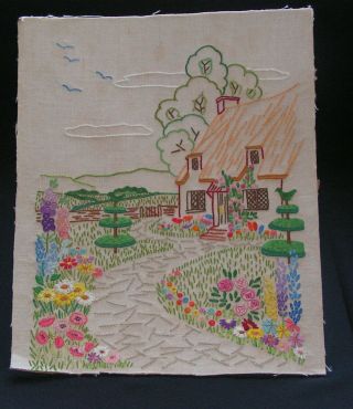 Pretty Vintage Richly Hand Embroidered Country Cottage & Garden Linen Panel