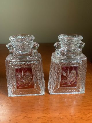 2 Hofbauer Bird Brydes Lead Crystal Ruby Glass Candle Taper Holders Germany