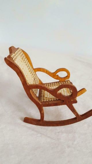 Vintage Hand Crafted Wooden Detailed Dollhouse Furniture Wicker Rocking Chair