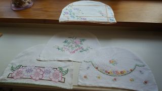 Pretty Vintage X 4 Cream Irish Linen Tea Pot Covers Hand Embroidered Flowers
