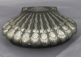 Antique Tin Box Shell Shaped W Black & Silver Ornate Niello Work -