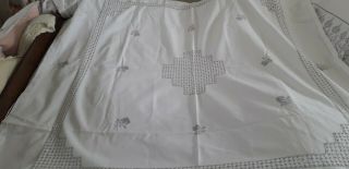 Vintage Cotton Tablecloth 50x50in.  Creamy White With Grey Embroidery.