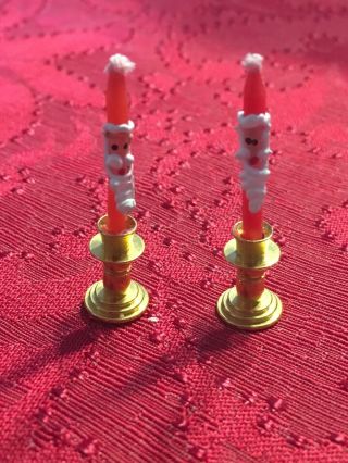 Dollhouse Miniature Artisan Santa Claus Taper Candles Brass Candle Holders 1.  5” 2