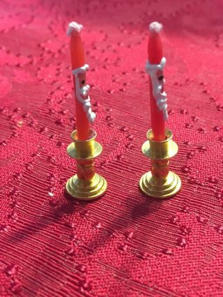 Dollhouse Miniature Artisan Santa Claus Taper Candles Brass Candle Holders 1.  5” 3